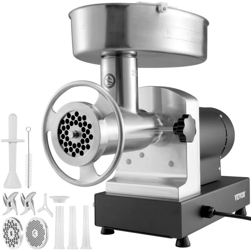 VEVOR Elektrischer Fleischwolf Edelstahl Fleischmaschine 450 kg/Std. Hackfleisch, 1100 W Multi Küchenmaschine Wurstfüller inkl. 2 Schneidplatten, 3