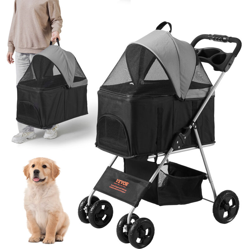 VEVOR Hundebuggy 79x46x102cm Hundewagen 16kg Tragfähigkeit Faltbar Hundetrolley Aluminium-Rahmen 600D Oxford-Gewebe Nylon-Netzfenster 4 EVA-Räder