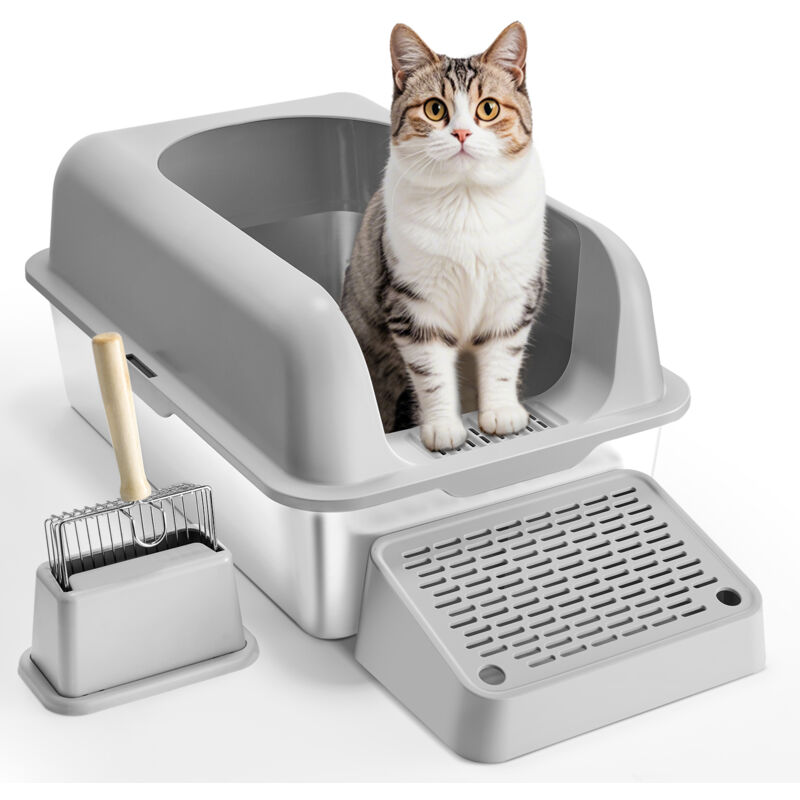 Katzentoilette,6Zoll tief,XL extragroße Katzentoilette aus Edelstahl mit Schaufel,breitem Filter-Fußteil&hohen