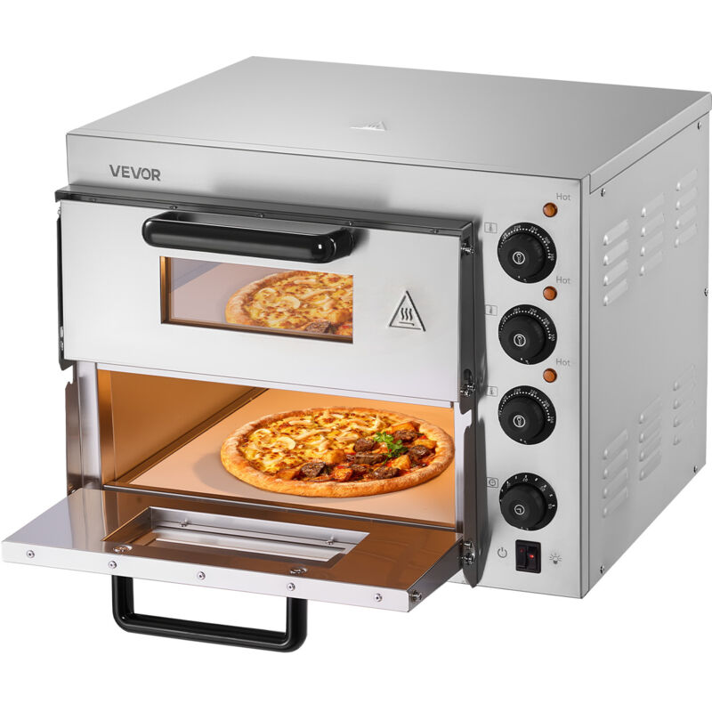VEVOR Kommerzieller Pizzaofen für die Arbeitsplatte, 14-Zoll-Doppeldecker-Schicht, elektrischer Pizzaofen aus Edelstahl mit Stein und Griff,
