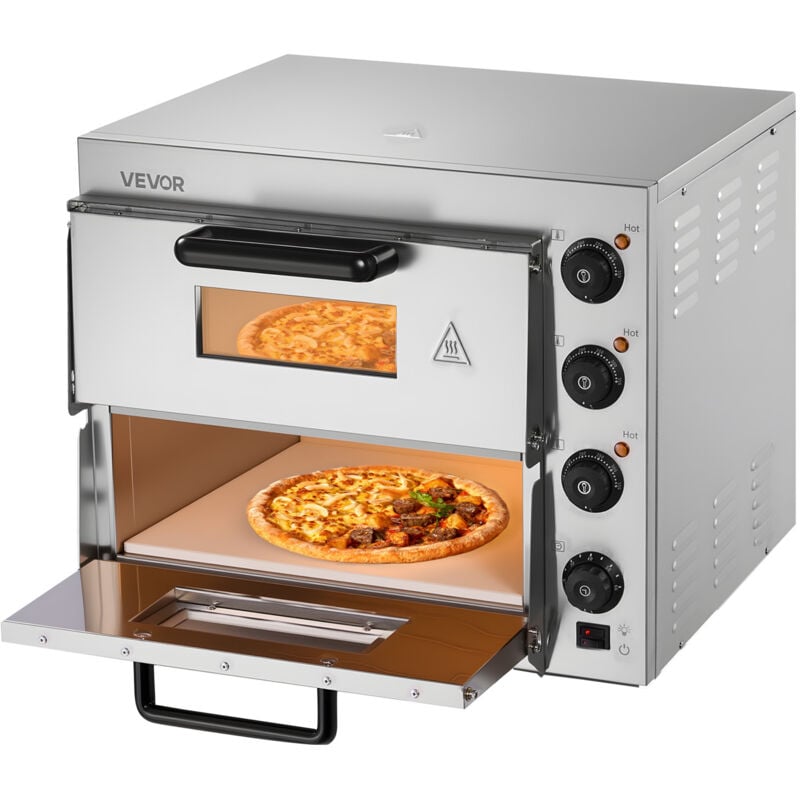 Kommerzieller Pizzaofen für die Arbeitsplatte, 16-Zoll-Doppeldecker-Schichten, elektrischer Pizzaofen aus Edelstahl mit Stein und Griff,