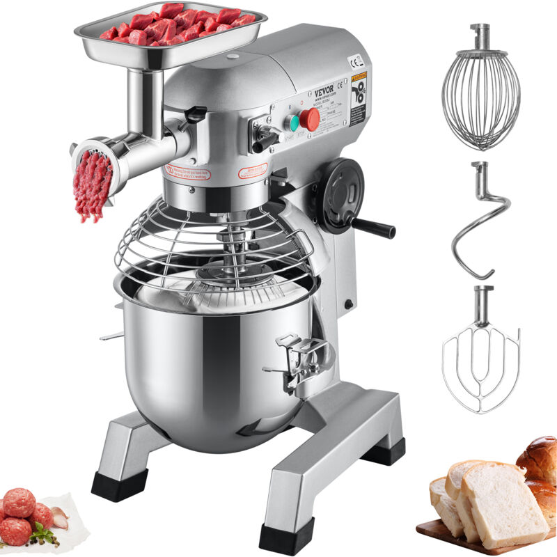 VEVOR Küchenmaschine, 1100 W Knetmaschine 20 L Edelstahl Kompakt Küchenmaschine 120 kg/h Fleischwolf, 20 L Schüssel, Standmixer 3 Geschwindigkeiten,