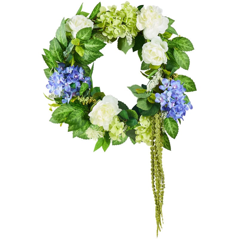 Künstlicher Dekokranz, 58,42cm, Blau-Weiß-Grün, dekoriert mit Hortensien, Rosen, Beeren, Ranken, Türkranz ganzjährig, für drinnen & draußen, als
