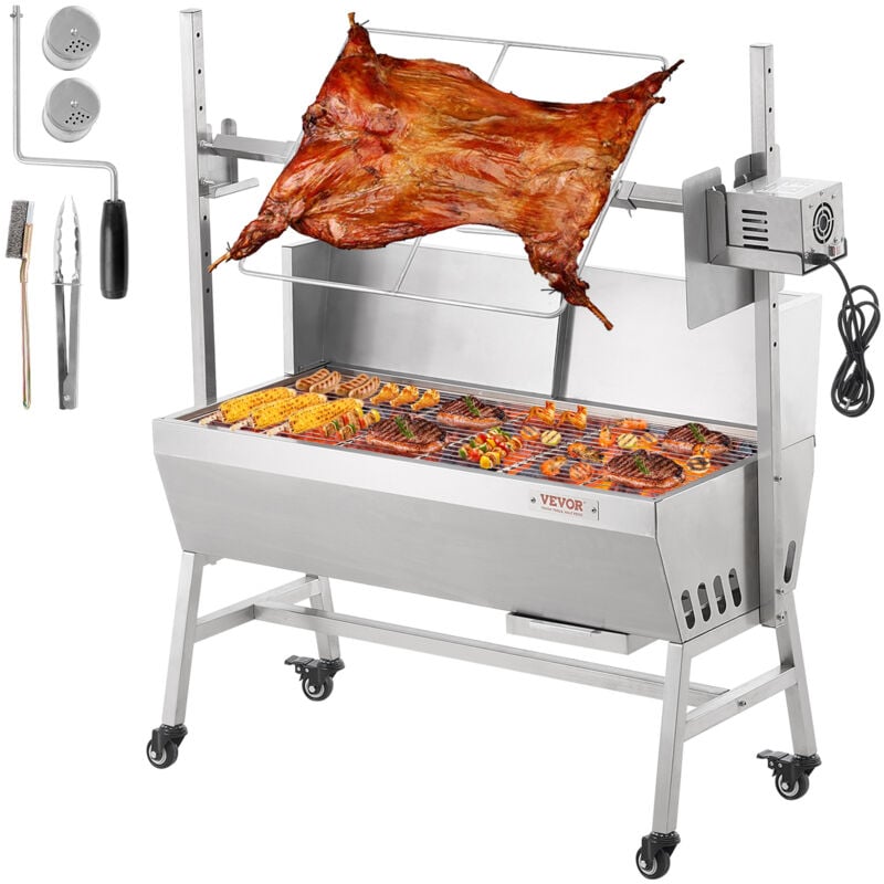 VEVOR Lammgrill, Spanferkelgrill, Spießbratengrill, 61 kg rollbarer BBQ-Holzkohle-Spießgrill für Schwein, Lamm, Ziege, elektrischer 42-W-Motor,