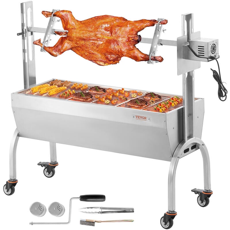 Lammgrill, Spanferkelgrill, Spießbratengrill, 90 kg rollbarer BBQ-Holzkohle-Spießgrill für Schwein, Lamm, Ziege, elektrischer 52 w,