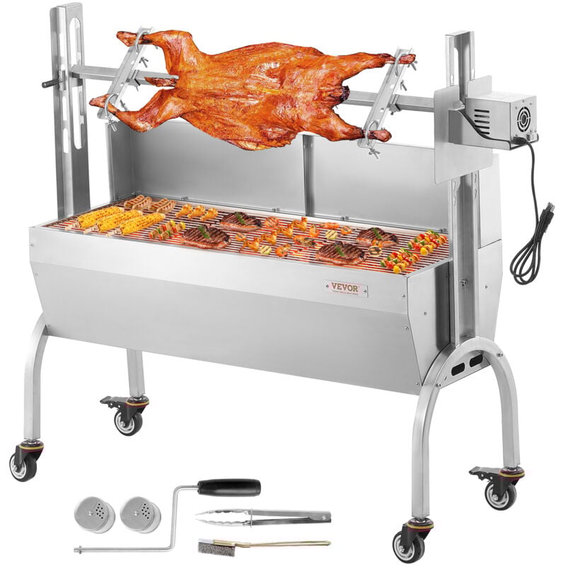 VEVOR Lammgrill, Spanferkelgrill, Spießbratengrill, 90 kg rollbarer BBQ-Holzkohle-Spießgrill für Schwein, Lamm, Ziege, elektrischer 52-W-Motor,