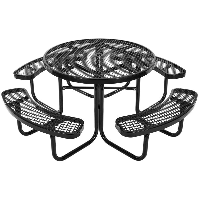 Picknicktisch (rund) mit 4 Bänken Sitzgarnitur, wetterfestes Gartenmöbel-Set für Terrasse, beschichtete Stahltische mit Loch für Schirm,