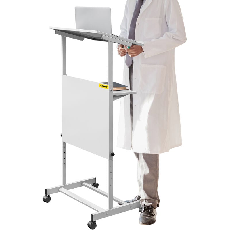 VEVOR Rednerpult Stehpult höhenverstellbar mit 4 Rollen 2-stufige Schichte, Mobil Schreibpult Stehtisch Pult Laptoptisch Weiß Stehschreibtisch aus