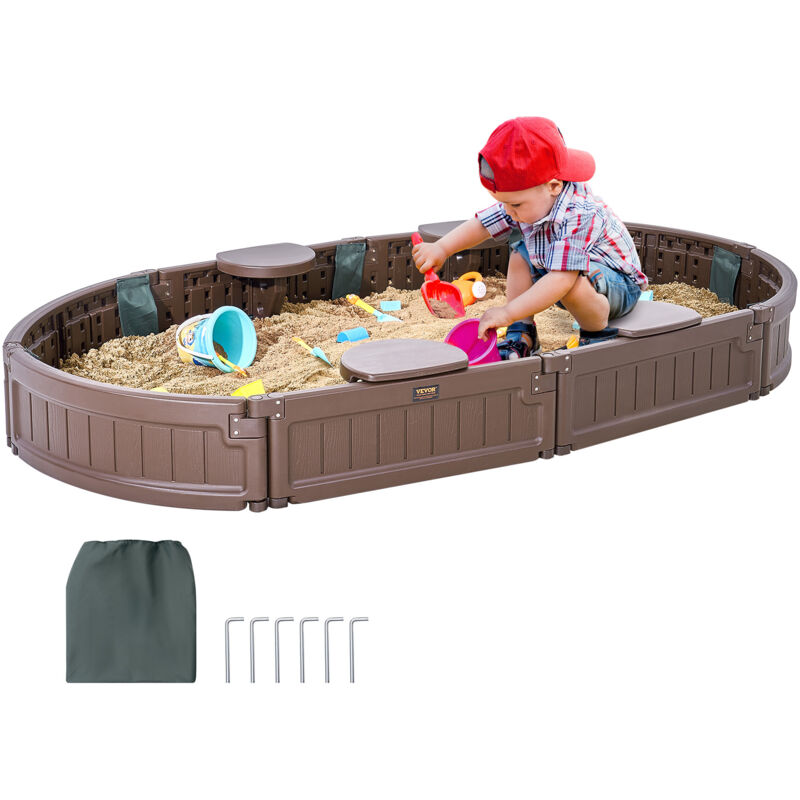 Sandkasten mit Abdeckung, 183 x 105 x 23 cm, ovaler Sandkasten, HDPE-Sandgrube mit 4 Ecksitzen und Bodenauskleidung, Kindersandkasten für Garten,
