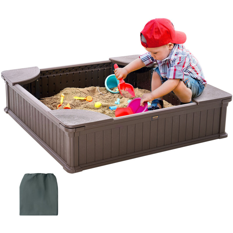 Sandkasten mit Abdeckung, quadratischer Sandkasten, HDPE-Sandgrube mit 4 Ecksitzen & Bodenauskleidung, Kindersandkasten, Geschenk für Jungen und