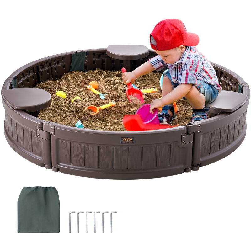 Sandkasten mit Abdeckung, runder Sandkasten, HDPE-Sandgrube mit 3 Ecksitzen & Bodenauskleidung, Kindersandkasten für Garten, Strand, für Jungen &