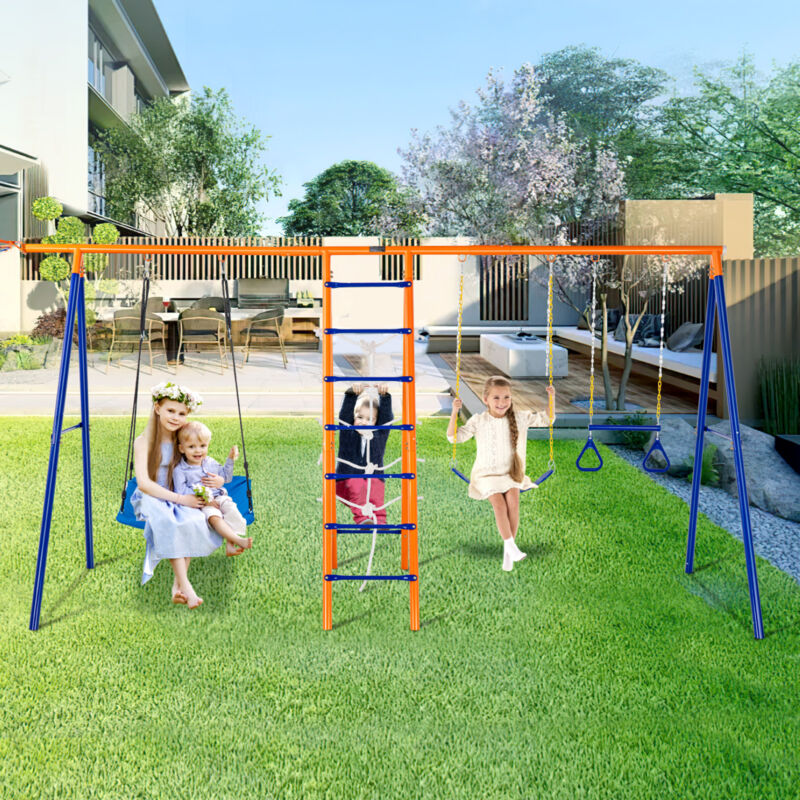 Schaukel-Sets für den Garten, 6-in-1-Schaukel-Set mit 2 Schaukeln, Trapezstange, Kletterleiter, Kletternetz und Basketballkorb, 200 kg Tragkraft,