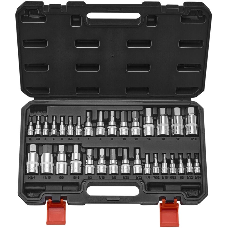Sechskant Steckschlüsselsatz 32-teilig, S2-Legierungsstahl & Cr-V-Stahl, Standard sae & metrisch, 1/4 Zoll & 3/8 Zoll & 1/2 Zoll Antriebe, mit