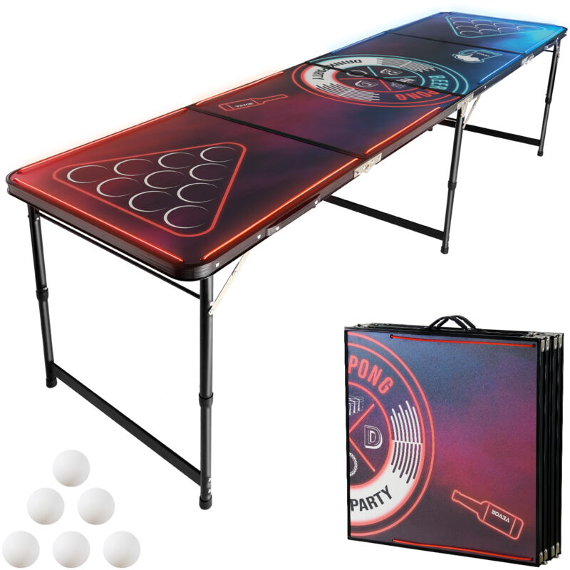 Tragbarer Beer Pong Tisch (240 x 60 x 52/70 cm), Beerpong Tisch mit Tragegriffen & 6 Pong-Bällen & LED-Beleuchtung, hoheneinstellbarer