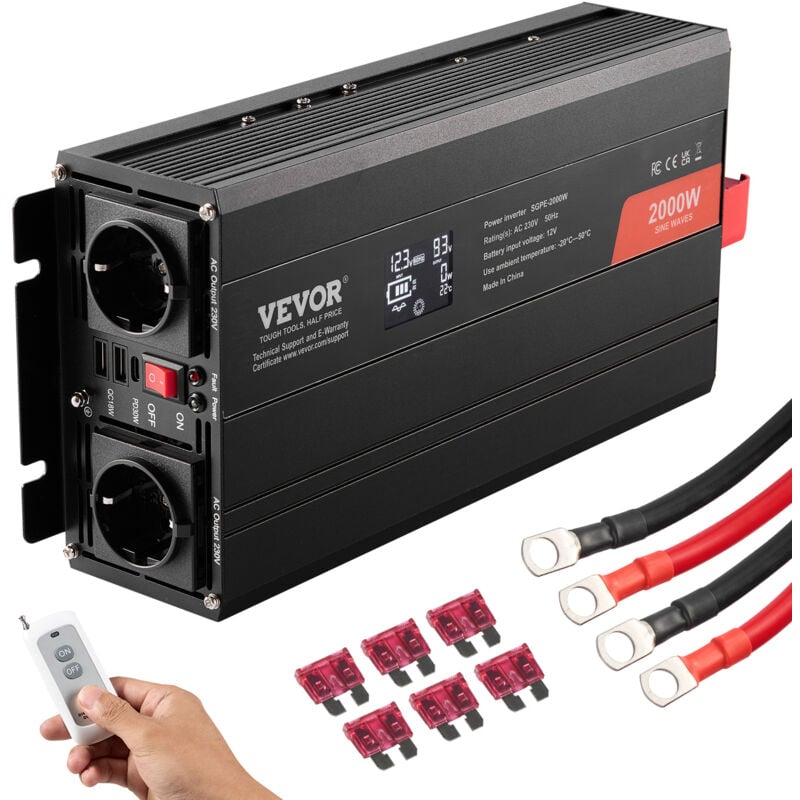 Mophorn - vevor Wechselrichter mit reiner Sinuswelle 2000W dc 12V ac 230V Spannungswandler mit 2 AC-Steckdosen 2 USB-Anschlüssen 1 Typ-C-Anschluss