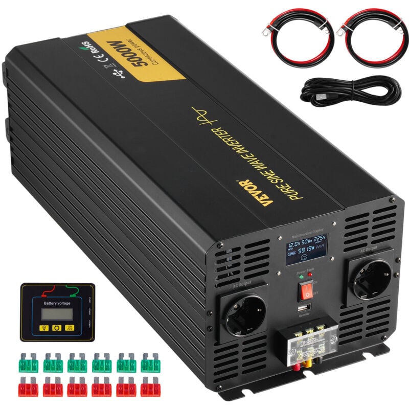 Wechselrichter mit reiner Sinuswelle, 5000 Watt, Spannungswandler, dc 12 v auf ac 230 v Auto-Wechselrichter mit LCD-Display, USB-Anschluss und