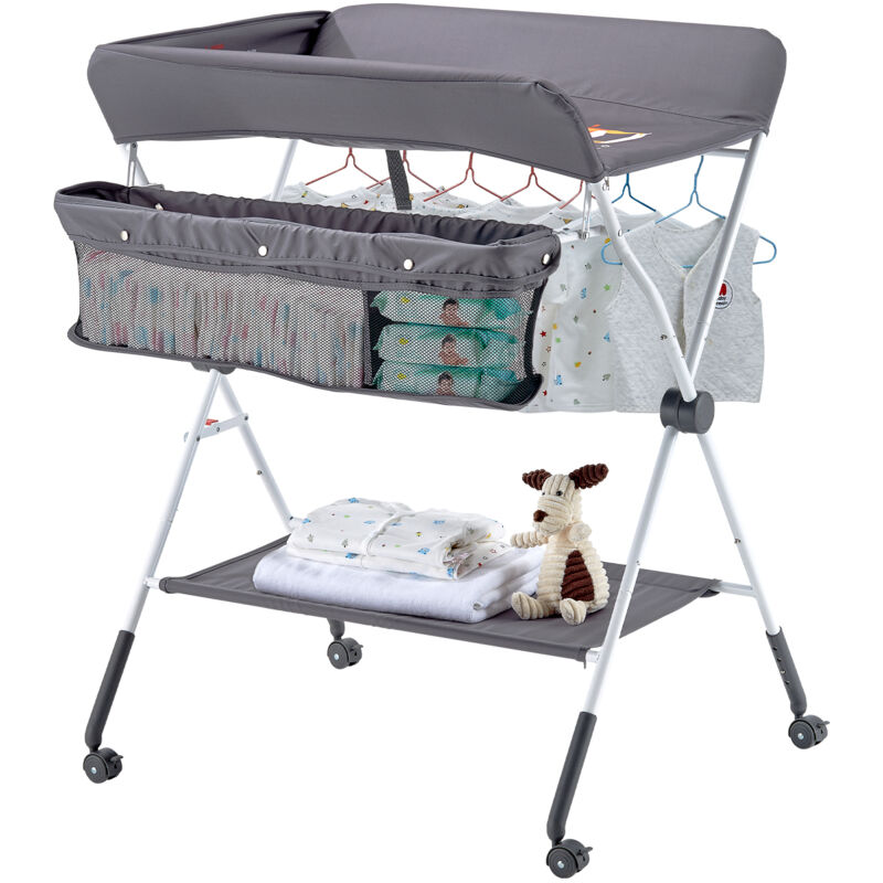 Wickeltisch, faltbare Wickelstation mit Seitenkorb, höhenverstellbarer tragbarer Wickeltisch mit feststellbaren Rädern, multifunktionaler