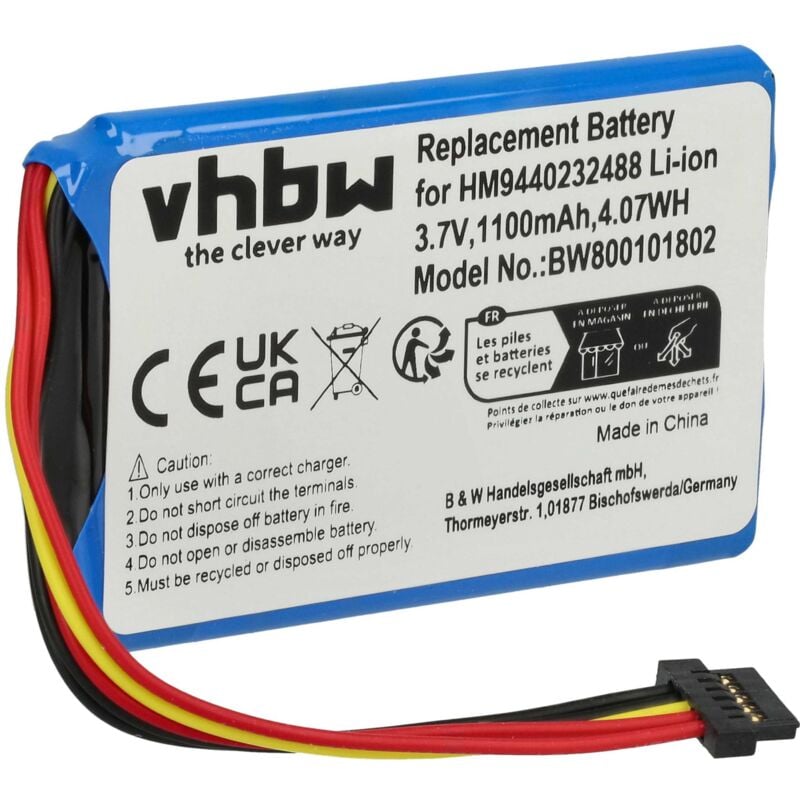 Vhbw - 1x Akku Ersatz für TomTom VF1A, HM9440232488, AHL03711012 für gps Navigation Navi (1100 mAh, 3,7 v, Li-Ion)