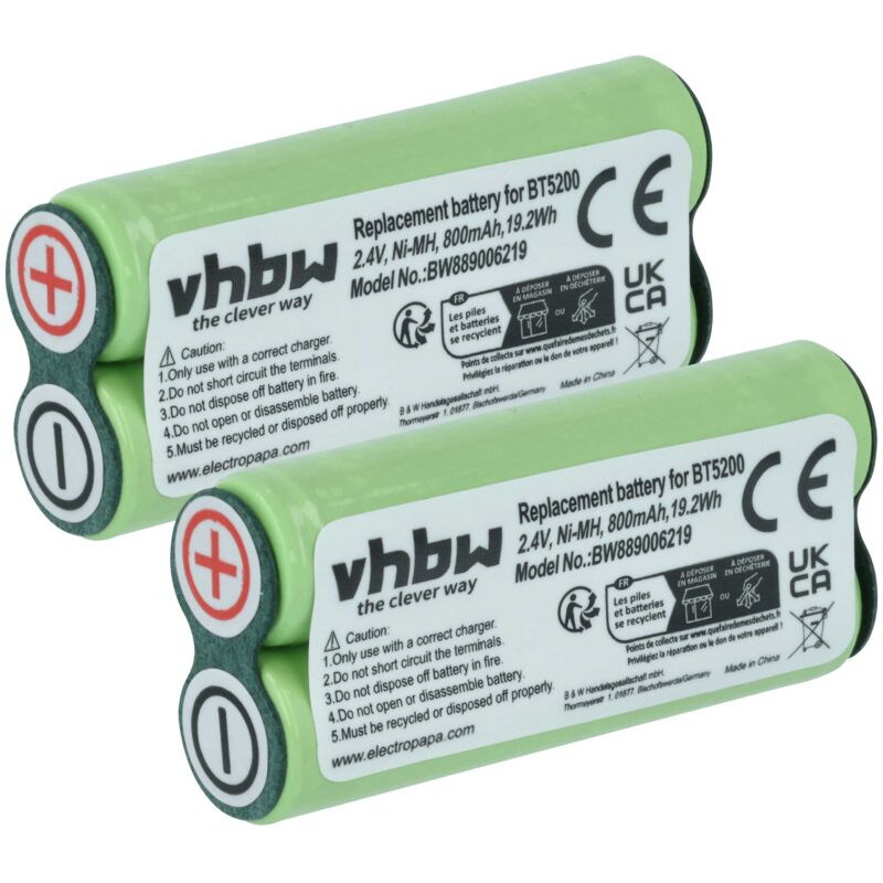 vhbw 2x Akku kompatibel mit Braun 5585u, 5586, 5584, 5550, 5585, 5520, 5525, 5580, 5510 Rasierer (800 mAh, 2,4 V, NiMH)