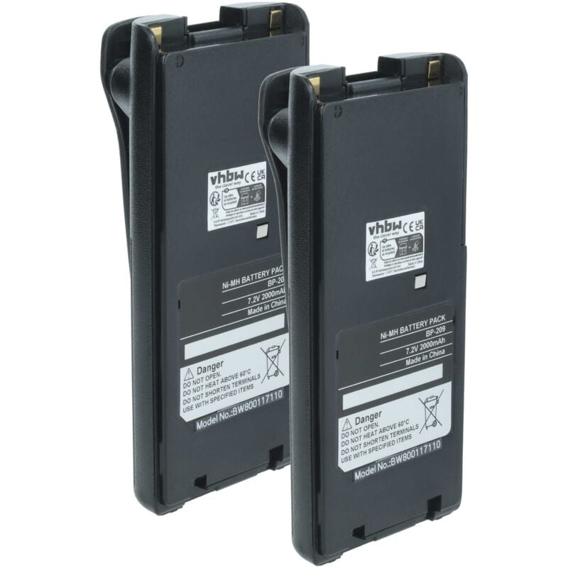 vhbw 2x Akku kompatibel mit Icom IC-A24, IC-F11S, IC-F12, IC-F11, IC-F11BR, IC-A6, IC-A6E, IC-A24E Funkgerät, Walkie Talkie (2000 mAh, 7,2 V, NiMH)