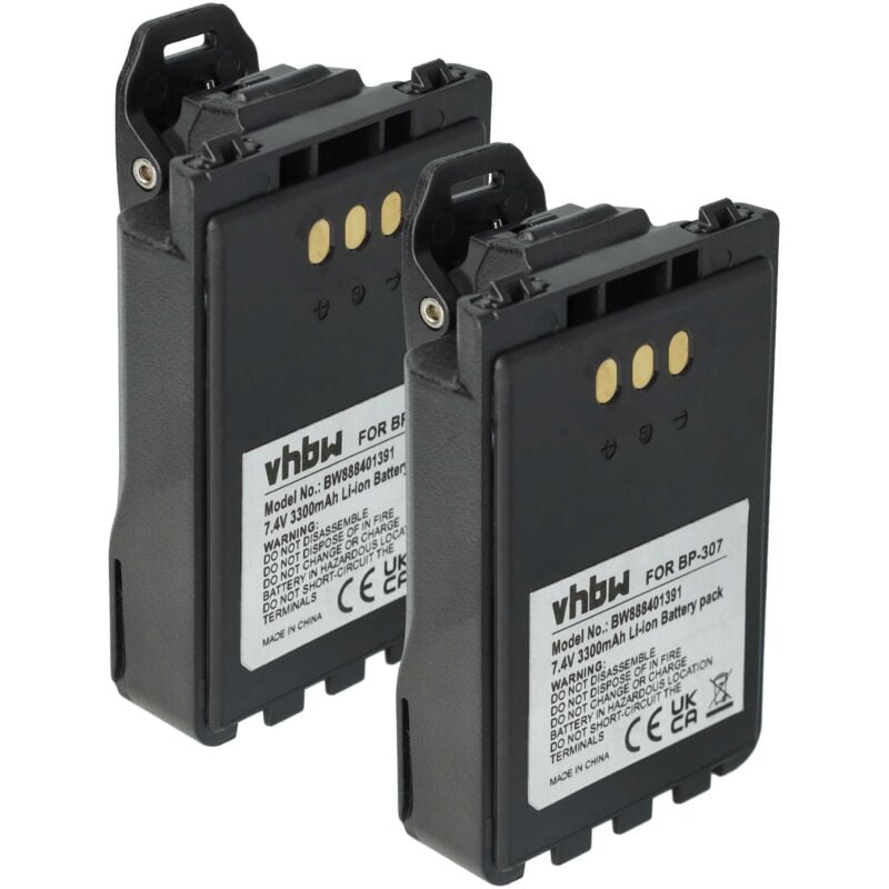 vhbw 2x Akku kompatibel mit Icom IP-503H, IP-501H Funkgerät, Walkie Talkie (3300 mAh, 7,4 V, Li-Ion) + Gürtelclip