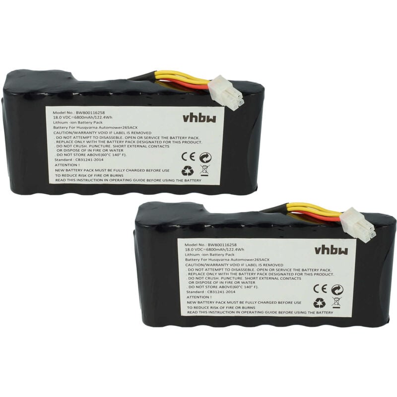 2x Akku kompatibel mit Husqvarna Automower 440 bis bj 2019/2020, 450X bis bj 2019/2020 Rasenroboter (6800mAh 18V Li-Ion) - Vhbw