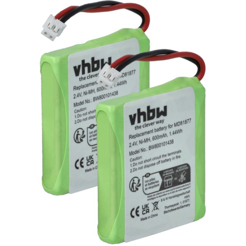 Vhbw - 2x NiMH Akku 600mAh (2.4V) kompatibel mit schnurlos Festnetz Telefon Medion Life E63038, S63006, S63022, S63049 Ersatz für 5M702BMX, GP0827,