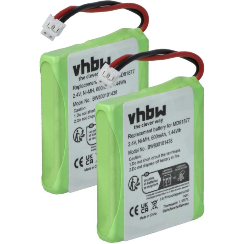 Vhbw - 2x NiMH Akku 600mAh (2.4V) kompatibel mit schnurlos Festnetz Telefon Medion MD83208, MD83708, MD83877, S63008 Ersatz für 5M702BMX, GP0827,