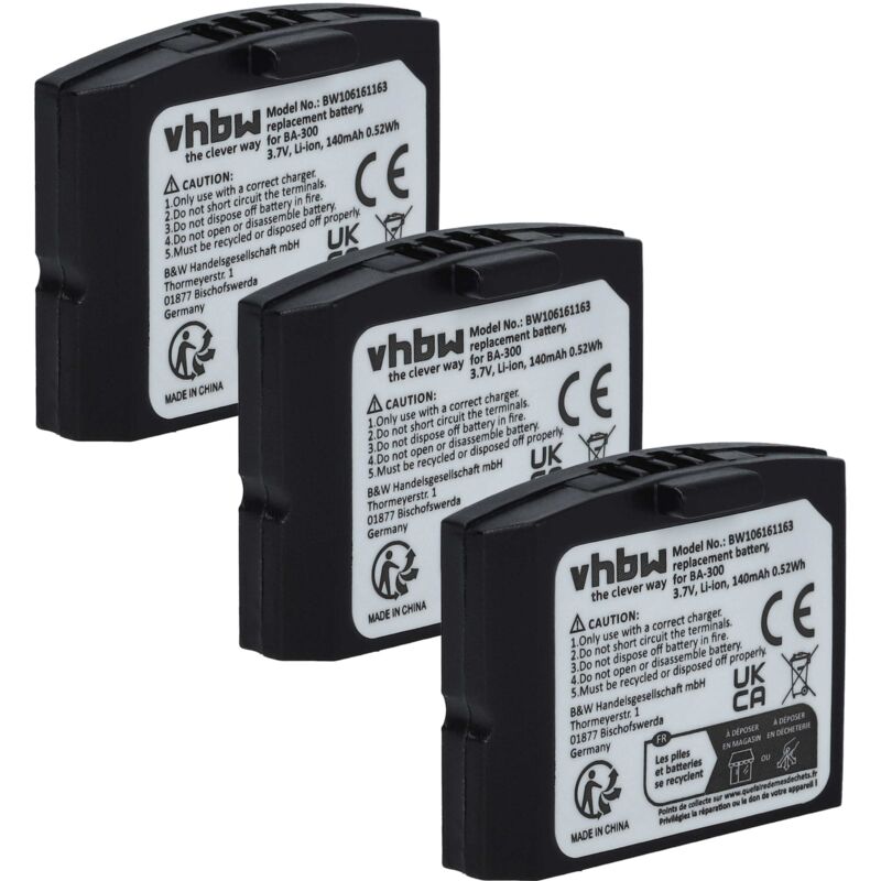 Vhbw - 3x Akku Ersatz für Sennheiser 500898, 523306, BA-300, BA300, HC-BA300 für Wireless Headset Kopfhörer (140mAh, 3,7V, Li-Polymer)