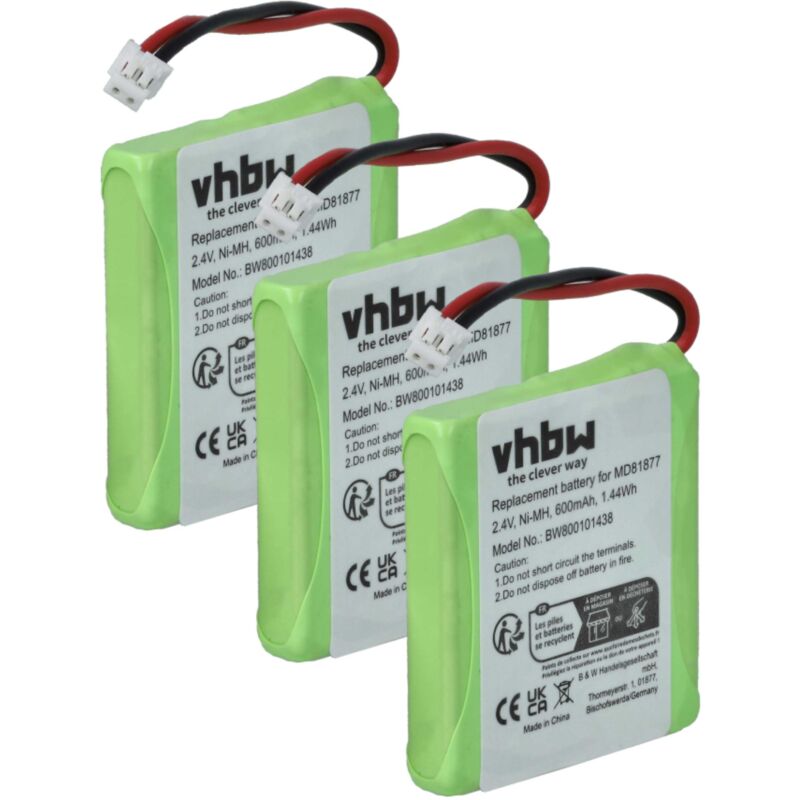 Vhbw - 3x Akku kompatibel mit Medion MD83208, MD83708, S63008, MD83877 schnurlos Festnetz Telefon (600 mAh, 2,4 v, NiMH)