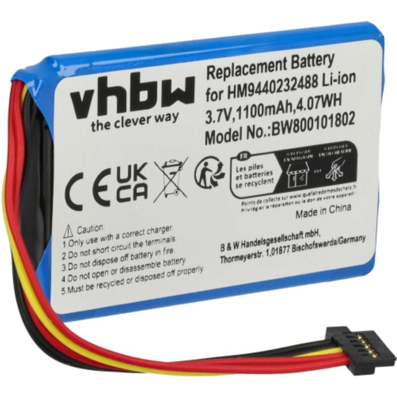 Vhbw - 1x Akku Ersatz für TomTom AHL03711001, 4CF5.002.00, VF1 für gps Navigation Navi (1100 mAh, 3,7 v, Li-Ion)
