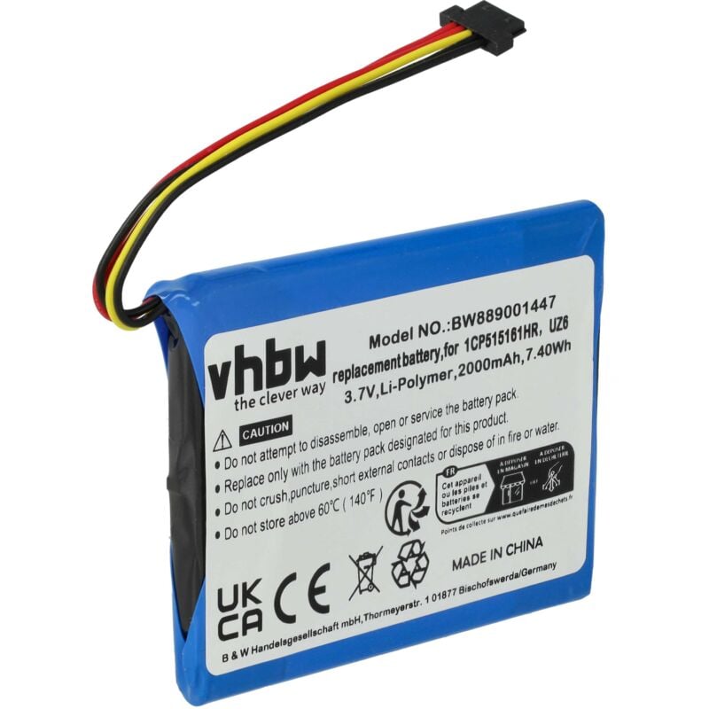 Vhbw - Akku Ersatz für TomTom 1CP515161HR, UZ6 für gps Navigation Navi (2000 mAh, 3,7 v, Li-Ion)