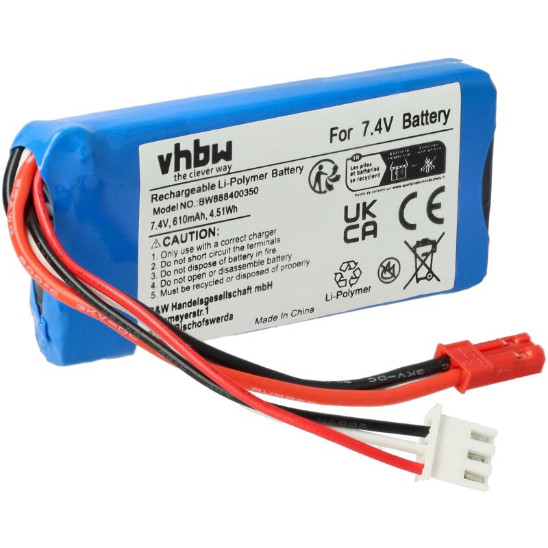 Vhbw - Akku kompatibel mit bec Stecker für Modellbau z.B. Racing Car, Helikopter, Flugzeug (610mAh, 7,4V, Li-Polymer, 74 x 31 x 8 mm)