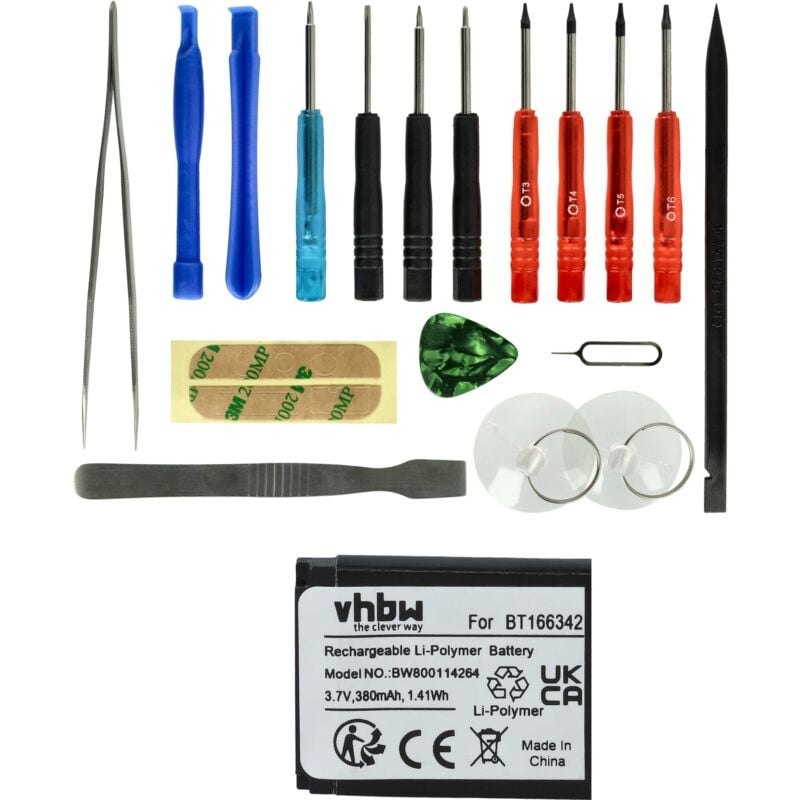 Vhbw - Akku kompatibel mit Smartwatch DZ-09, DZ09, FYM-M9, GT-08 Smartwatch Uhr Fitnessarmband (380mAh, 3,7V, Li-Polymer) + Werkzeug-Set