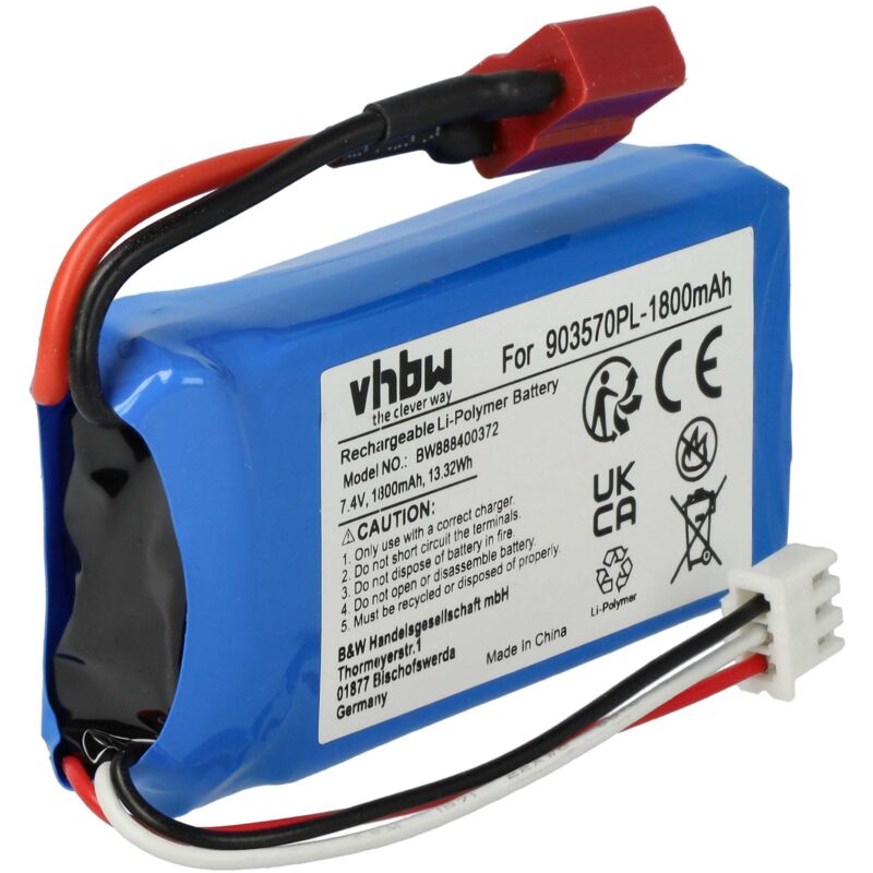 Vhbw - Akku kompatibel mit T-Stecker für Modellbau z.B. Racing Car, Helikopter, Flugzeug (1800mAh, 7,4V, Li-Polymer, 74 x 35 x 18 mm)