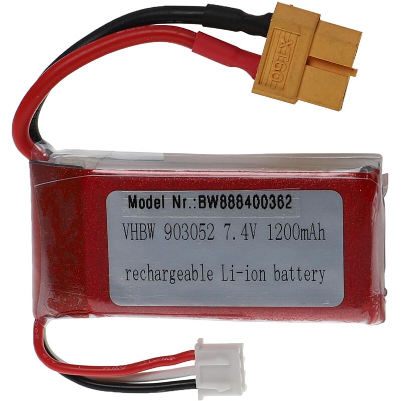 Vhbw - Akku kompatibel mit XT60 Stecker für Modellbau z.B. Racing Car, Helikopter, Flugzeug (1200mAh, 7,4V, Li-Polymer, 63 x 29 x 20 mm)