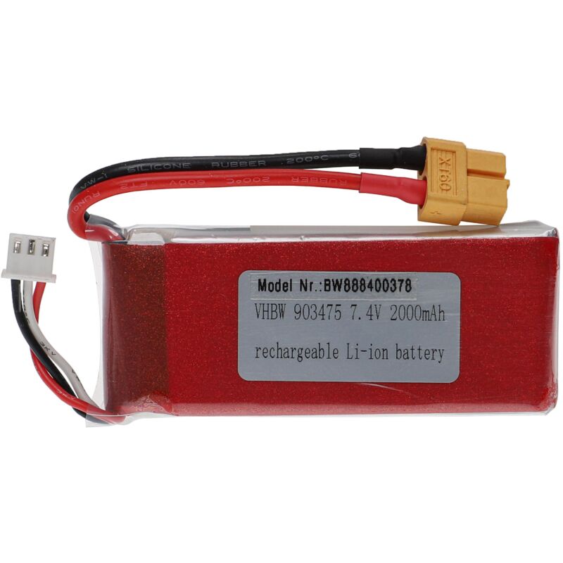 Vhbw - Akku kompatibel mit XT60 Stecker für Modellbau z.B. Racing Car, Helikopter, Flugzeug (2000mAh, 7,4V, Li-Polymer, 84 x 35 x 19 mm)