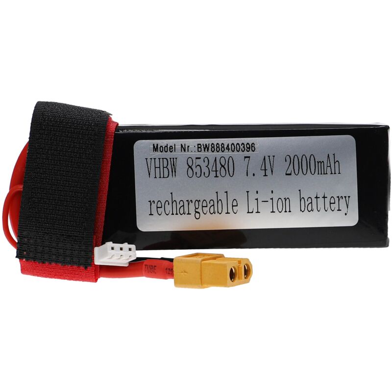 Vhbw - Akku kompatibel mit XT60 Stecker für Modellbau z.B. Racing Car, Helikopter, Flugzeug (2000mAh, 7,4V, Li-Polymer, 91 x 36 x 19 mm)