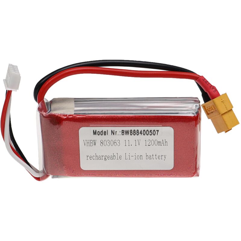 Vhbw - Akku kompatibel mit XT60 Stecker für Modellbau z.B. Racing Car, Helikopter, Flugzeug (1200mAh, 11,1V, Li-Polymer, 73 x 31 x 15 mm)