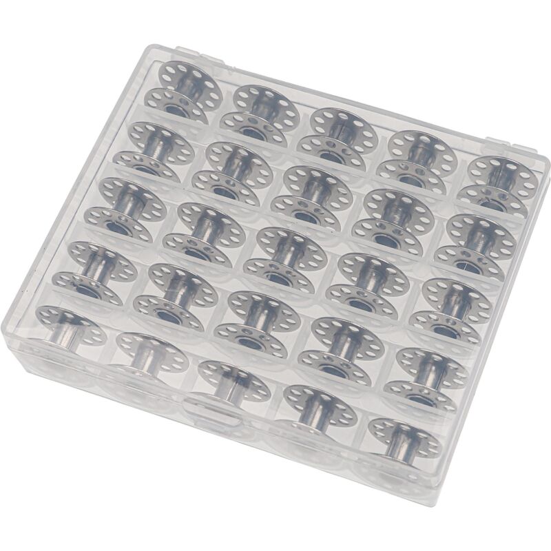 vhbw Aufbewahrungs-Box kompatibel mit Brother 885V68, 30 Prestige, 150 Campus, 10443 Nähmaschinen-Spulen - inkl. Unterfaden-Spulen, Metall