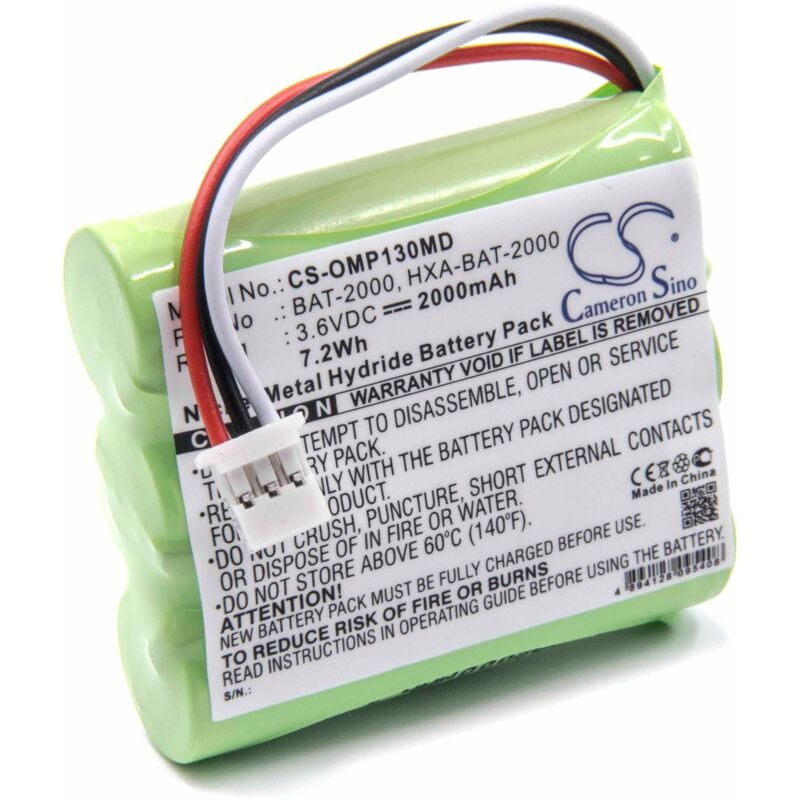 Vhbw - Akku kompatibel mit Omron HBP1300, HBP-1300 Medizintechnik (2000 mAh, 3,6 v, NiMH) - Ersatz für BAT-2000, HXA-BAT-2000