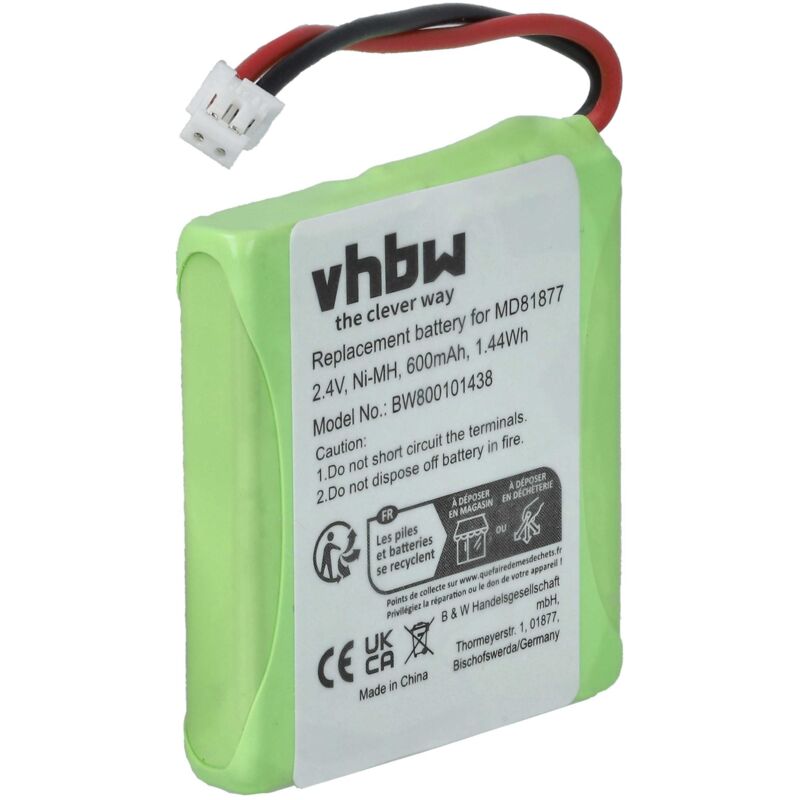 vhbw NiMH Akku 600mAh (2.4V) kompatibel mit schnurlos Festnetz Telefon Medion MD81877, MD82711, MD82772, MD82877 Ersatz für 5M702BMX, GP0827, GP0845,