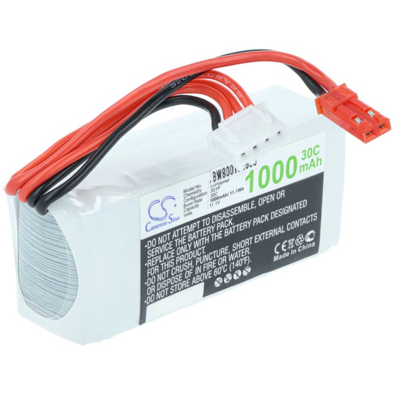 vhbw Akku kompatibel mit JST-SYP-2P Stecker für Modellbau (1000mAh, 11,1V, Li-Polymer, 72 x 31 x 23 mm)