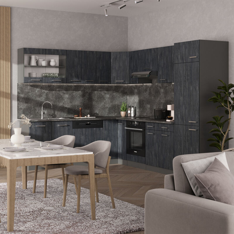 Vicco - Einbauküche in L-Form R-Line, Schwarz Beton/Anthrazit, 227 x 287 cm ap Anthrazit