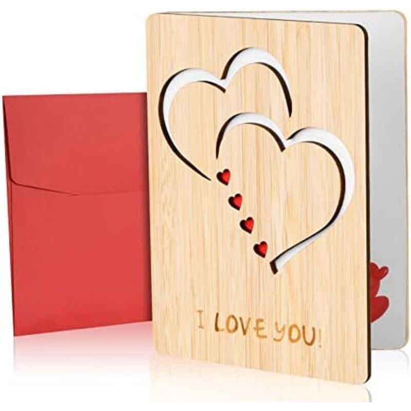 Vicloon Herz Karte, Handgefertigte beschreibbare Bambuskarte mit Herz, Karten-Set mit Umschlag, Karte aus Holz Liebe, Hochzeitskarten Jahrestag