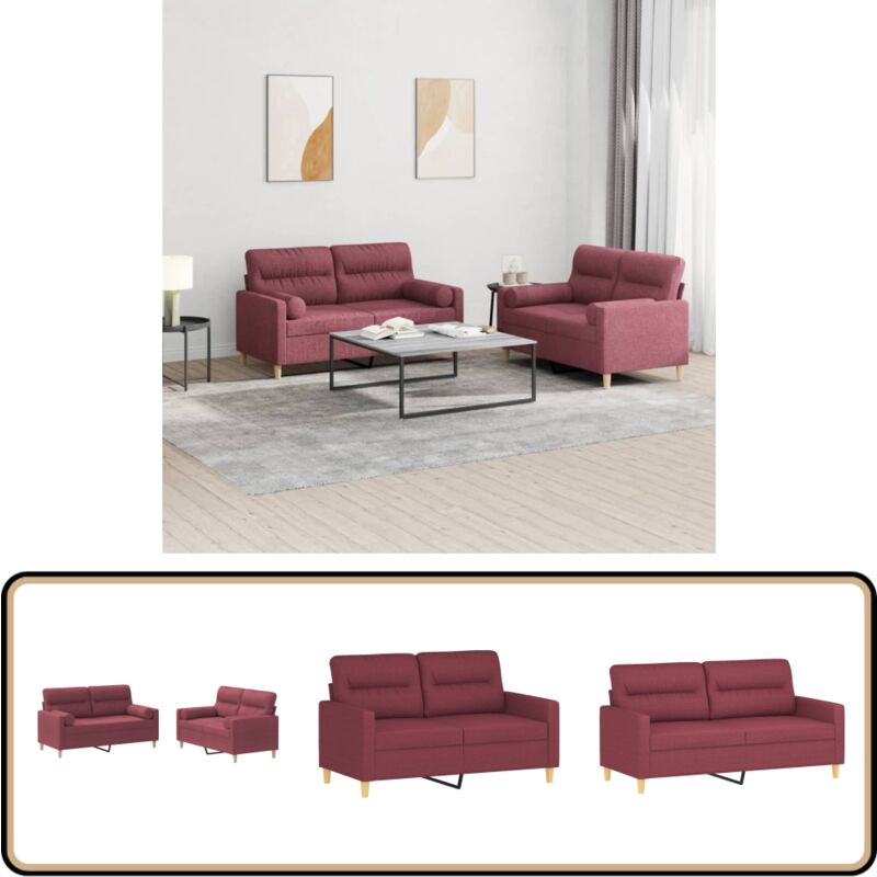 2-tlg. Sofagarnitur mit Kissen Weinrot Stoff - Vidaxl