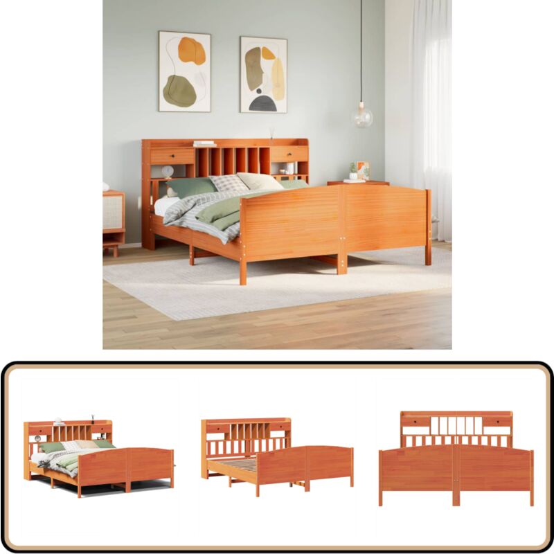 Massivholzbett mit Regal ohne Matratze Wachsbraun 200x200 cm - Vidaxl