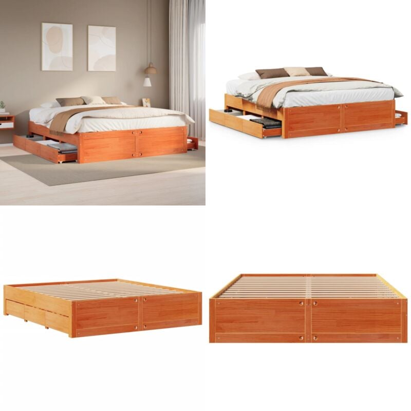 Massivholzbett ohne Matratze mit Schubladen Braun 180x200 cm - Vidaxl