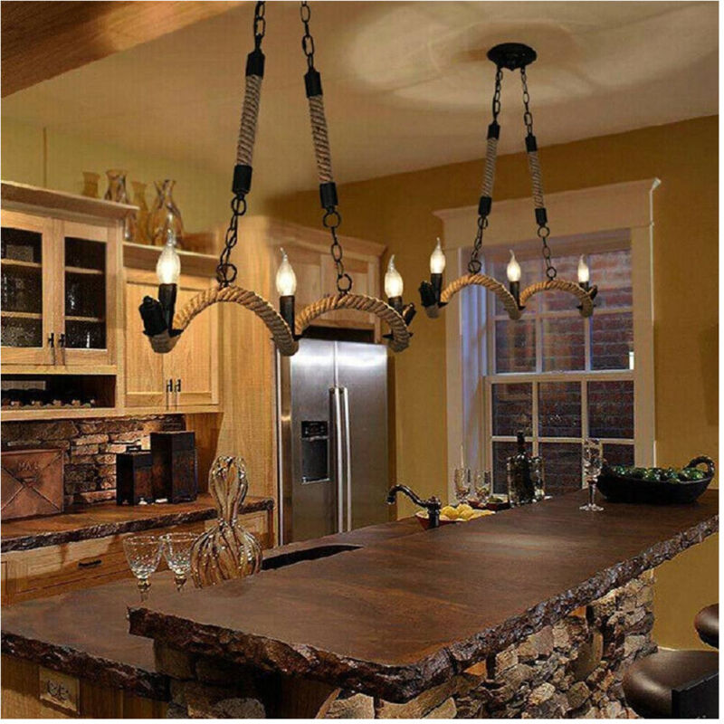 Trade Shop - Vintage Kronleuchter 3 Lampenfassung E14 Hanfseil Country Retro Lampe A40-3 -