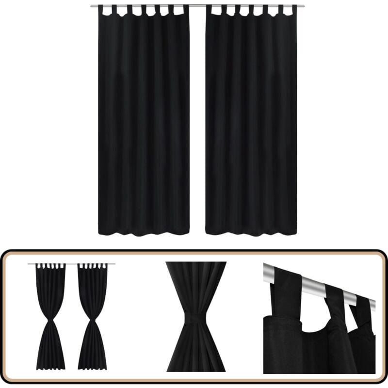 Vorhänge Gardinen aus Satin 2-teilig 140 x 225 cm Schwarz - Satin Vorhänge - Schwarze Vorhänge - Wohnraumdekoration - Gardinen Schwarz